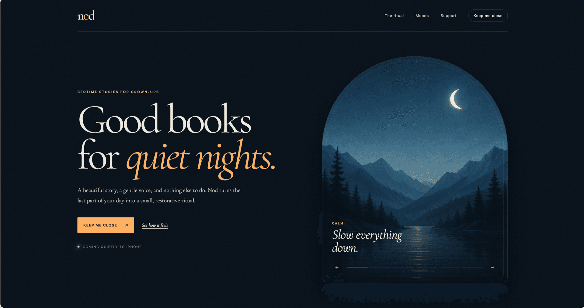 Nod homepage showing quiet-night artwork framed by a moonlit arch.